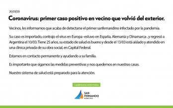 Se detectó el primer caso positivo de un sanfernandino que volvió del exterior con Coronavirus