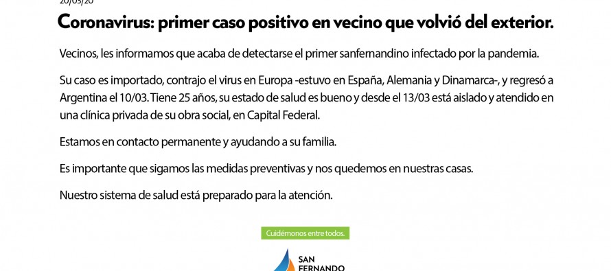 Se detectó el primer caso positivo de un sanfernandino que volvió del exterior con Coronavirus