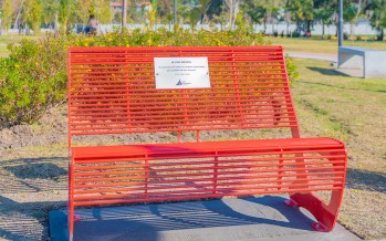 Parque del Bicentenario: se presentó un Banco Rojo contra la violencia de género y un Tótem de Seguridad